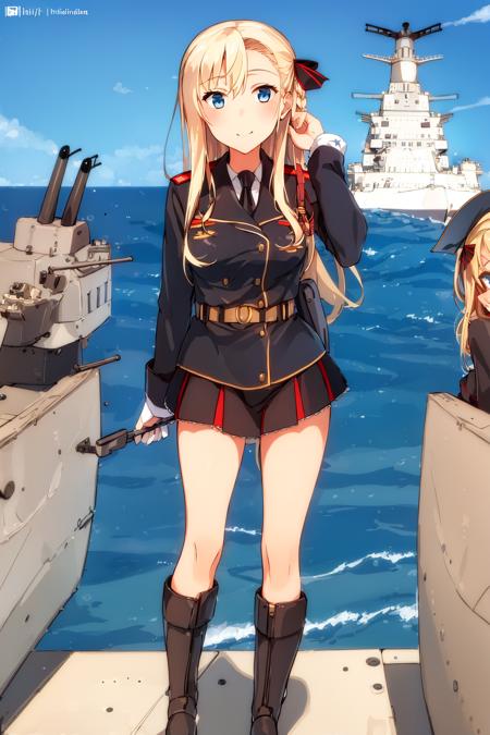 ((masterpiece,best quality)), (1girl, solo), blonde hair, blue eyes, bare legs, ((battleship, ship)), standing on ship, naval uniform, navy, kriegsmarine, day, cannon, hair ribbon, military uniform, long hair, looking at viewer, german army, outdoors, military jacket, standing, sea, thighs, microskirt, boots, no panties, facing viewer, <lora:wilhelmina V1.1:1>