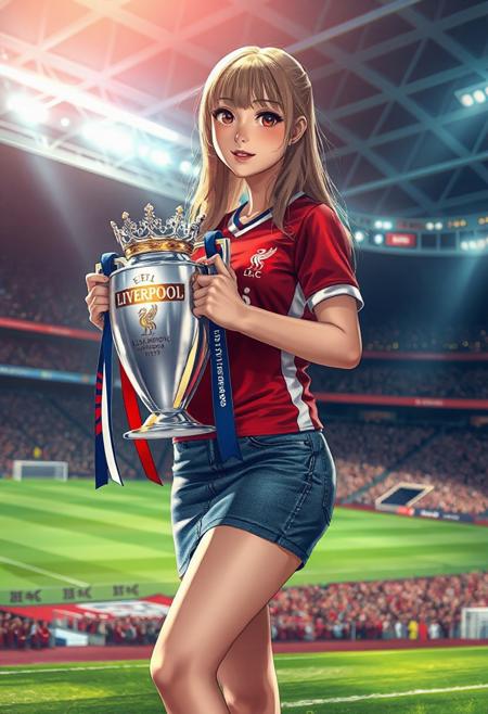 pretty asian woman in soccer stadium, holding a EPL champion trophy, (in japanese anime style), (safe for work). she is in blonde long hair with curtain bangs. wearing Liverpool FC jersey shirt, blue denim pencil mini skirt, and white sneakers.,BREAK, (full body), (best quality,4k,8k,highres,masterpiece:1.2),ultra-detailed,(realistic,photo-realistic:1.37),cinematic lighting,moody lighting,dramatic shadows,vibrant colors, more sunlight, more brighten, (expressive eyes, perfect face, perfect anatomy)