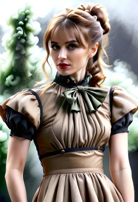 Straw thread, (close up:1.8), Stable_Yogis_PDXL_Positives, (Victorian blouse:2.3), Realism_Quality_2xx_By_Stable_Yogi, (anatomically correct:1.7), photo, photo_realistic, 1girl, mature_woman, European, 27 years old, parted_lips, choker, seductive smile, sultry, serious stare, stern look, close-up, eye shadow, makeup, milf, mature female, pureerosface_v1, Expressiveh, intricate_details_xl, natural skin, realistic, hands out of view, red lipstick, makeup, Influencers Deluxe_Lara_Lang, long ponytail, streaked hair, Orange hair, black streaks in her hair, long side bangs, black highlights in bangs, thick lips, mega ponytail, big hair, tall, natural blue eyes, high neck closure, fitness body, toned muscles, high cheekbones, solo, fully dressed, high turtle neck, outdoors, (hands hidden:1.7), short sleeves, closed dress, high neck closure, (straw dress:2.5), gentle smile, closed mouth, short puffy sleeves, laboratory, big fluffy hair in all directions. (green smoke:1.8)