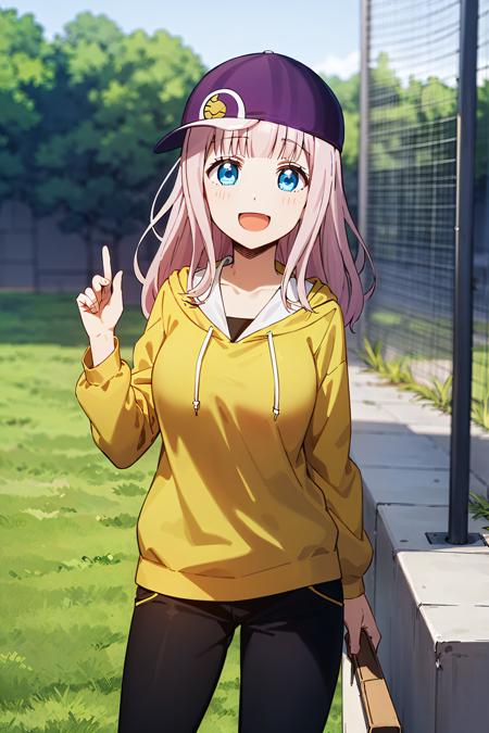 best quality, (masterpiece:1.2), detailed,
<lora:chara_Kaguya-samaWaKokurasetai_FujiwaraChika_v1:0.8>, fujiwara chika (kaguya-sama),
1girl, solo, open mouth, smile,
pink hair, blue eyes, long hair,
yellow hoodie, black pants, baseball cap, (purple cap:1.3), backwards hat,
standing, adjusting headwear, looking at the viewer,
outdoors, grass