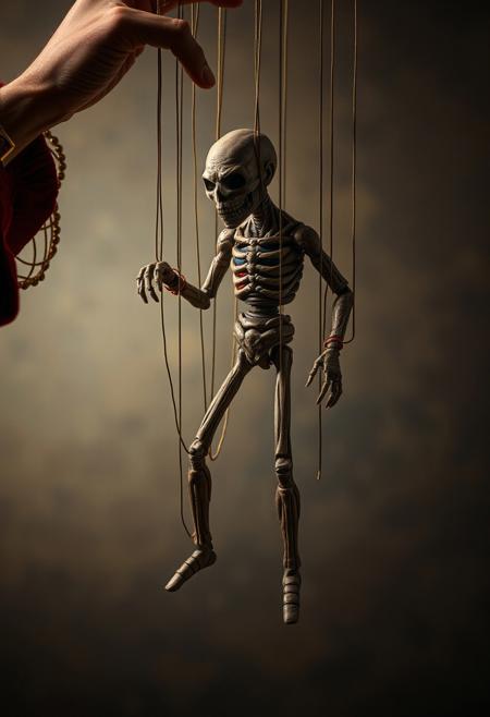 a realistic depiction of an otherworldly puppeteer controlling a human with marionette strings