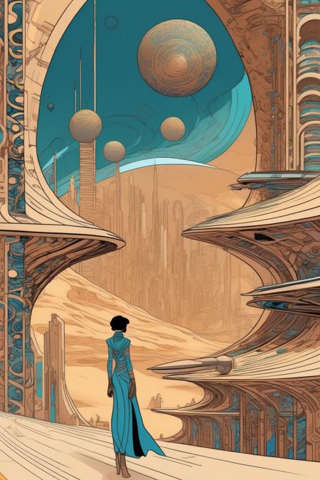 <lora:Kilian Eng Style:1>Kilian Eng Style - ligne claire style comic illustration of the denizen of the sands captures the essence of a futuristic world where curved and sinuous lines intertwine with geometric shapes and exotic architecture. The style should reflect a sense of vastness and mystery, with a unique combination of colors and textures that transport the viewer to an imaginary universe. Attention to detail, both in the main objects and the background elements, is crucial to convey the feeling of depth and complexity in this futuristic vision. Organic and mechanical forms should blend seamlessly, creating a visual harmony that defies conventional expectations. The end result should be a work that evokes imagination and awakens curiosity, offering a glimpse into an unknown and fascinating world