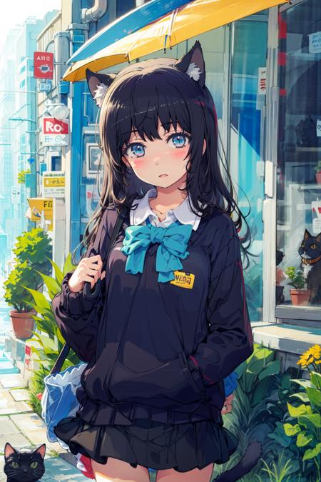 pote, 1girl, animal ears, cat ears, cat, umbrella, skirt, bow, black cat, sweater, tail, solo, blush, cat tail, looking at viewer, black hair, sleeves past wrists, shirt, long hair, long sleeves, cat girl, school uniform, black skirt, parted lips, blue bow, collared shirt, animal ear fluff, white shirt, bangs, pleated skirt, animal, blue eyes, brown sweater, holding, holding umbrella, closed umbrella, bowtie, cowboy shot, collar, standing, bag<lora:pote:1.1>