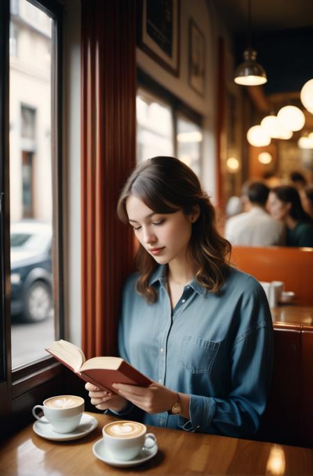 A photorealistic image of lv rdrg woman, having a morning coffee at a quaint café, reading a book, reflecting a peaceful moment. The lighting is soft and natural, with a cloudy outdoor setting visible through the café's window, set during morning. The color scheme is warm and cozy, captured in a third-person perspective, with a romantic aesthetic, in a vintage photography style, cinematic, analog film grain, bokeh