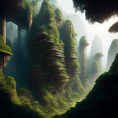 (junglefuturism style:1) overgrown scifi city in massive scale jungle <lora:djzJungleFuturismV21_LoraBooth:1>