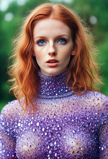 1980s vintage RAW photo, adorable 24yo (upper body:1.2), a cute irish redhead girl, warm turtleneck, braless, striped vintage shirt, perky small tits, striped, skirt, extremely long curly hair, seductive, confident, many freckles,natural body, stretch marks, skin pores, imperfections, natural, beautiful eyes, pale skin, choker, outdoor, film grain, nsfw, pantyhose, skirtlift pantyless, candid camera, color graded cinematic, made of sparkling amethyst crystals, realistic, real face, hyper realsitic, influencer, insta influencer, beautiful,  pretty.
