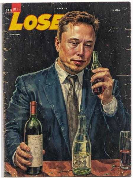 <lora:Wiz-VintageComicBookCover_v01:1.4>, Vintage comic book cover full body illustration of Elon Musk sad and crying, tears, holding a wine bottle, letters saying LOSER