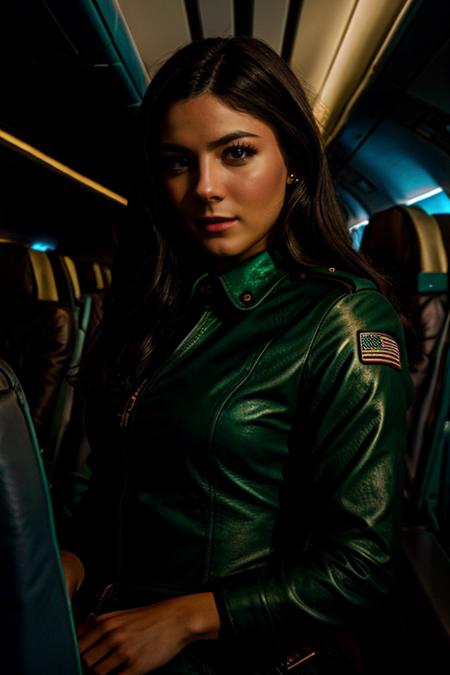 decade costume ,  airplane interior , night  <lora:Monica1873Barbaro:1> masterpiece, best quality, detailed face, 1girl, solo, a woman, m1873b,