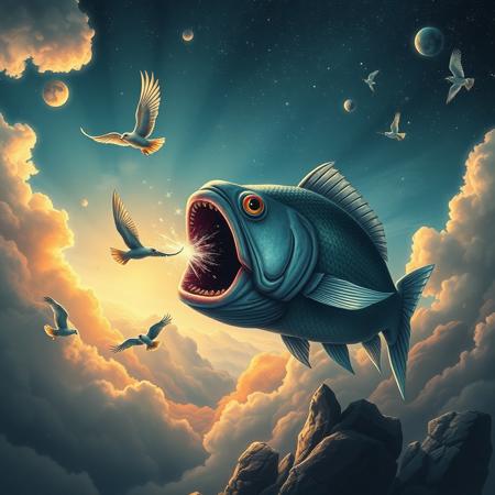 score_9, score_8_up, score_7_up, a cosmic fish with a black hole in its mouth hunting a bird flying in the sky