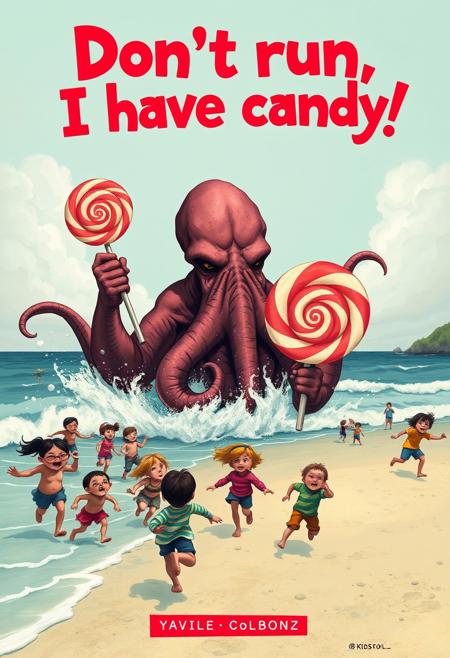A kids book titled "Don't run I have candy!" Great  Cover picture of book is Cthulhu coming out of the ocean with giant lollipops in hand. A beach full of terrified children run screaming away from Cthulhu.