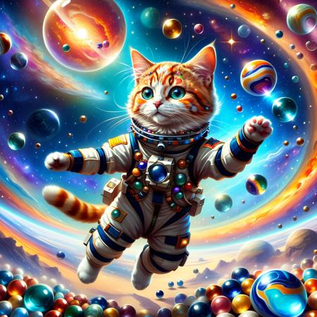 ethereal fantasy concept art of  <lora:Marbles_World_r1:1> a cat playing with marbles in a space station, cat is wearing a cute astronaut suit, floating in zero gravity, colorful marbles floating,  <lora:Meowpocalypse:0.7> meowpocalypse, no humans, cat, beautiful space . magnificent, celestial, ethereal, painterly, epic, majestic, magical, fantasy art, cover art, dreamy