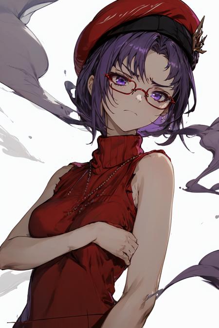 ((unparalleled masterpiece, best quality, perfect artwork)),hat,red sleeveless sweater,  <lora:CarolSW:0.7>, ultra-detailed, solo,annoyed, 1girl,medium breast,glasses,breast focus, breast close-up,(purple hair,),(purple smoke), <lora:detailed_eye:0.4>,  <lora:add_detail:0.4> ,