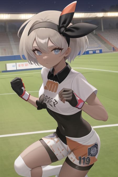 masterpiece, best quality, highres,  <lora:BeaPokemon:1>, 1girl, solo, shorts, bodysuit under clothes, hairband, bodysuit, short sleeves, single glove, shirt, black hairband, print shirt, black bodysuit, collared shirt, looking at viewer,  closed mouth, bow hairband, outdoors, soccer field, stadium, (((night))), fighting stance, ((crowd;1.5)),