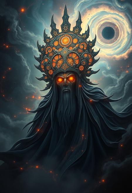 dark cosmic entity, mythological figure, ancient and powerful, swirling galaxies in the background, deep space colors, glowing nebulae, radiant starlight, intricate cosmic symbols, dark atmosphere, glowing eyes filled with cosmic energy, ethereal and ominous, awe-inspiring presence, mysterious and unknowable, celestial headdress made of constellations, dark flowing robes, void-like textures, cosmic storms in the background, celestial beings in the distance, otherworldly glow, dark surrealism, cosmic horror, divine energy emanating from figure, celestial bodies orbiting the figure, galactic winds, mysterious ancient artifacts, towering presence, black hole symbolism, high resolution, ((masterpiece)), mystical yet terrifying, dark mythological wonder, god-like figure, (cosmic energy:1.3)