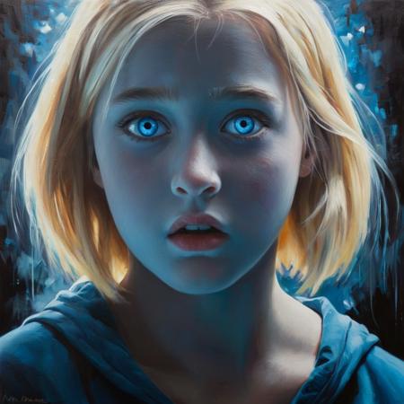 Dark Fantasy Art of  <lora:Dark Art Painting Style:0.9>
an horror painting of a young girl with blonde hair and blue eyes staring in surprise fear at camera dark art painting style, dark, moody, dark fantasy style