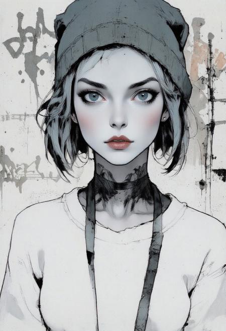 Crazy Japanese style ink, highly detailed portrait of an alternative looking female characters, she wears a beanie, a white sweatshirt, she has piercing, tattoos on her neck and face, grey eyes and dyed hair. There is a wall painted with graffiti on the background.