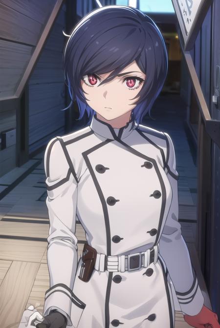 apprentice, short hair, black hair, (red eyes:1.3), hair between eyes, gloves, belt, white gloves, uniform, military, military uniform,