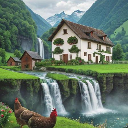 farm with hen and house in the country of Switzerland with waterfall background