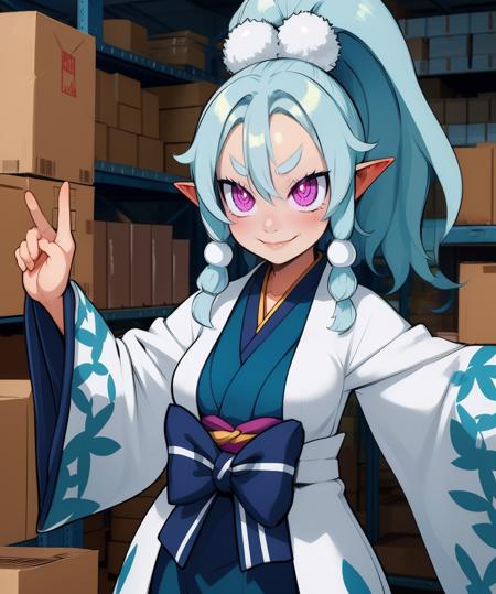 Ao,teal hair,purple eyes,pointy ears,pink eyes,ponytail,hai,
white kimono,evil smile,wide sleeves,
upper body,standing,
warehouse,boxes,
(insanely detailed, beautiful detailed face, masterpiece, beautiful detailed eyes, best quality),<lora:Ao-10D7:0.8>,