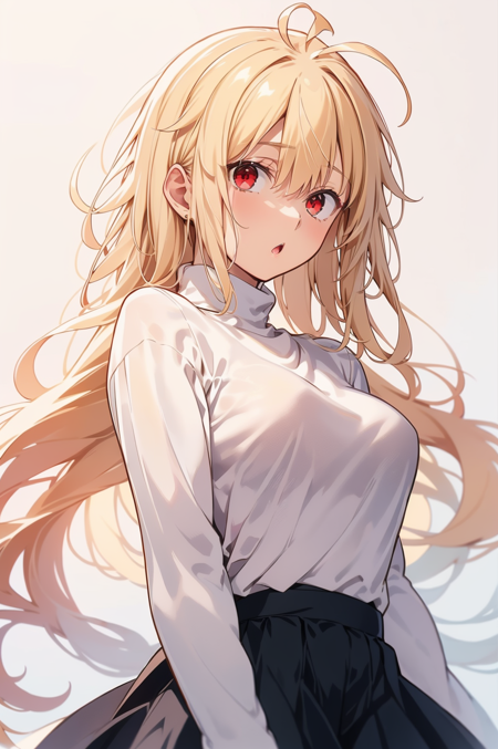 arcueid, blonde hair, red eyes, long hair, very long hair, bangs, ahoge, sidelocks, long skirt, purple skirt, skirt, sweater, turtleneck, white sweater, looking at viewer, :o, white background,