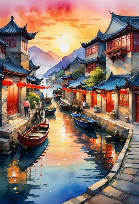 A lively fishing village at sunset,  intrigue, mastery of color and light, cobblestone streets, dynamic pose, radiant crystal ball,Chinese watercolor and ink technique, evocative street art, harmonious exploration of elegance in nature, reflections of light, rich shades