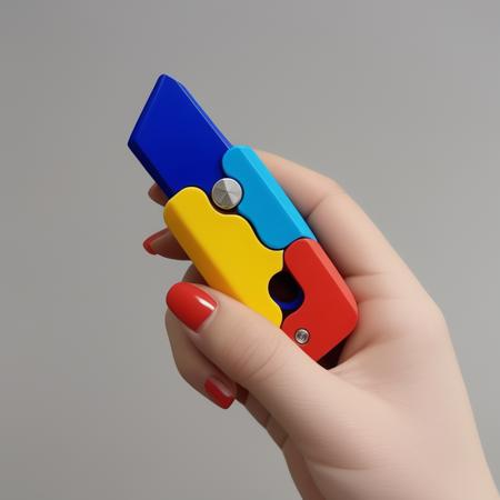 A photorealistic image of a small folding knife with a color scheme reminiscent of children's toysâthink bright, primary colors like red, blue, and yellow. The knife is being held by a beautiful woman whose hand and part of her arm are visible in the frame. Her nails might be well-manicured, and she could be wearing a simple yet elegant piece of jewelry, like a bracelet or a ring. The focus should be on the knife and the woman's hand, capturing the contrast between the playful colors of the knife and the sophistication of the woman holding it,<lora:Luobo_knife3:0.6>