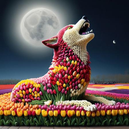jaynl-tm, made of tulips, (a wolf looking up, howling at the moon:1.3)