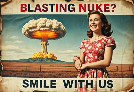 “A decayed, vintage-style poster from 1957, weathered and torn, depicting a surreal American country scene. The faded image shows a woman in a floral-patterned 1950s dress holding her young daughter’s hand, her wide, mad smile radiating an eerie charm. In the far background, a massive nuclear mushroom cloud dominates the sky, with fiery orange fireballs at its base and visible blast waves rippling through the landscape. The poster’s bold text, ‘BLASTING NUKE?’ across the upper section and ‘SMILE WITH US’ in the lower section, is faded, smeared, and inked with scribbles and stains. The paper appears rotten, with tears, creases, and discolored edges, evoking a haunting sense of abandonment and decay, adding to the unsettling atmosphere of the piece.”
