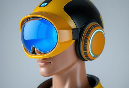 The figure's head is encased in a streamlined helmet, predominantly yellow with black accents. The helmet appears highly polished, with a smooth, almost glossy finish. Integrated into the helmet are large, circular, reflective lenses that cover the eyes entirely. The lenses glow with blue hue, giving off a cool, futuristic aura. These oversized goggles suggest an augmented reality or heads-up display function, typical of high-tech environments. Around the figure’s ears are sleek, futuristic headphones, which are seamlessly built into the helmet design. These headphones are primarily orange with grey, horizontal stripes along the side, indicating an interface for communication or audio enhancements. The skin tone appears smooth and artificial, hinting at synthetic or modified human characteristics