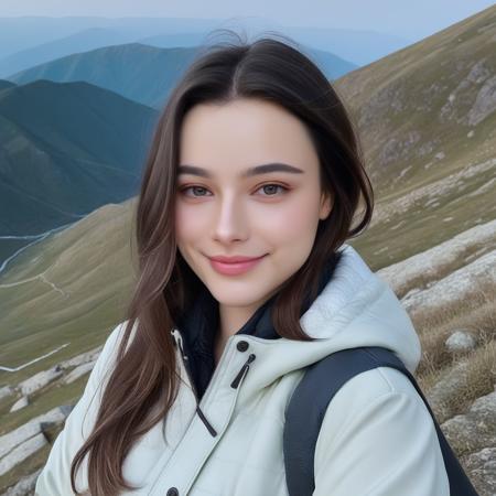 a photo of Dasha Taran, ohwx woman, wearing a jacket, on a mountain, smile, best quality, detailed skin, cinematic <lora:dashataran_SDXL:0.8>