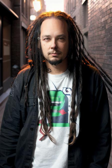 a man with dreads, raw, 8k, uhd, upper body, (close up, headshot), (downtown at midnight, dark night, alleyway), <lora:jonathanDavis:1>, [smiling]