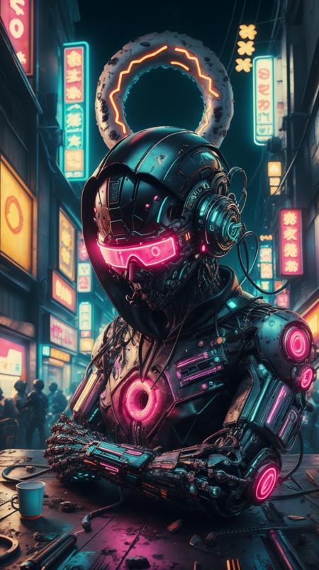 <lora:C7b3rp0nkStyle:1> C7b3rp0nkStyle doughnut, colorful, cyberpunk style, neon lights, dark mood, high contrast, (Masterpiece:1.3) (best quality:1.2) (high quality:1.1)