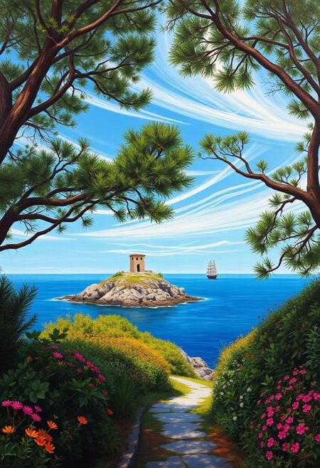 Landscape oil painting featuring a narrow, winding path leading towards a rocky coastline. The path is bordered by dense, green foliage and brightly coloured plants on both sides. In the background, there is a small, rocky island with a solitary, square-shaped stone bell tower on top, surrounded by the calm sea. In the distance a sailing ship. The sky is blue with cirrus clouds, and the scene is framed by the branches of trees arching over the path, adding a natural canopy effect. The overall atmosphere is serene and slightly secluded, with a focus on the natural beauty of the coastal environment.