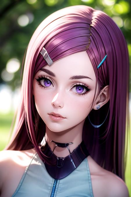ange_synduality_noir, purple hair, purple eyes, long hair, hair ornament, hairclip