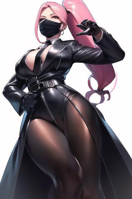 (1girls:1.4), (((solo,
 long hair, pink hair,  ponytail, black mask,  mouth mask ,black gloves, bodysuit, skin tight, brown eyes, necktie,(( long black coat)), ((black dress)), holding chain in hands, black jacket, white dolls,<lora:Aoi_Zaki_TV1:0.5>
)))
(((mature and milf))),  wide hip,
((((from below)))),((from side)),
(((sticker with white border))),  ((((basic white background)))),((solo)), (dynamic pose:0.9), photorealistic, (hyperrealistic:1.2), beautiful, masterpiece, best quality, extremely detailed face, perfect lighting,  nsfw,   glowing,   perfect eyes, large eyes, curly eyelashes,  (exited face:1.1) , ((perfect face)),  (((horny))), ((perfect hands)), (perfect hands)