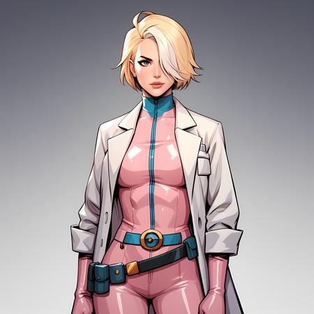 DoctorBlight blonde hair, hair over one eye, white hair streak, pink bodysuit, black elbow gloves, belt
