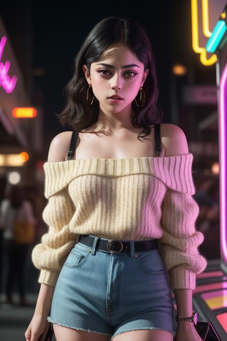 photo of seductive (Ros4S4l4z4r:0.99), a woman as a sexy student, closeup portrait, (80s hairstyle), (sweater off-shoulder with strap), at an (80s style) arcade, (masterpiece photorealistic painting:1.1) (bokeh) (best quality) (detailed skin texture pores hairs:1.1) (intricate) (8k) (HDR) (wallpaper) (cinematic lighting) (sharp focus), (earrings), (vivid atmosphere), (neon signs), (carousels:1.1)