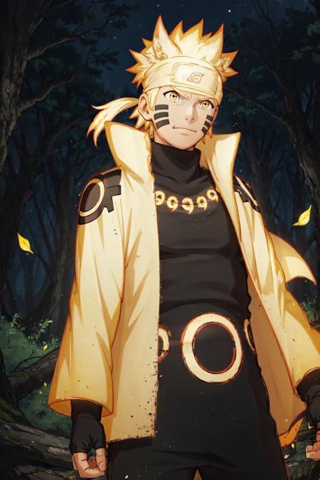 <lora:Naruto_SixPaths:0.95>, Naruto, 1boy, black bodysuit, tomoe \(symbol\), yellow eyes, symbol-shape pupils, gold hair, headband, golden jacket, facial mark, high collar, fingerless gloves, outdoors, night, forest, glowing, fire aura, trees, dappled moonlight, falling leaves, looking away, smirk