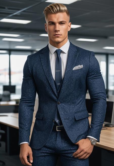 a strong 22-year-old german hunk bodybuilder male, with a fringe up undercut hairstyle, detailed face, mindless expression,  wearing a NAVY-BPLUE suit with silver patterns, wearing pants,  on a modern office, standing at attention pose, looking at viewer, portrait, photography, detailed skin, realistic, photo-realistic, 8k, highly detailed, full length frame, High detail RAW color art, diffused soft lighting, shallow depth of field, sharp focus, hyperrealism, cinematic lighting
