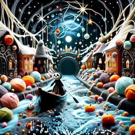 A darkly whimsical, Tim Burton-inspired surreal yarn covered sewer tunnel, smooth polished chromium walls inlaid with vibrant yarn, glinting lerie stars. Raging crystalline water rushes through a canal shaped with golden ratio curves and swirling fractal eddies. A crooked, gothic candy-colored boat, reminiscent of the Charlie and the Chocolate Factory tunnel boat, drifts through the canal. Strange characters with long, thin limbs, stitched clothes, and pale, ghostly faces — inspired by Jack Skellington and James and the Giant Peach — paddle madly in unison, their expressions gleeful yet slightly unsettling. The tunnel crazy yarn decorations with Burton’s twisted, spindly elven architecture: archways curve like spider legs, organic shapes loom overhead, glowing bioluminescent gems cast spooky shadows, and kaleidoscopic reflections flicker on the chrome walls. The atmosphere is darkly magical, Gothic and playful, ultra-detailed, cinematic, with a Tim Burton-style stop-motion vibe, rendered in Unreal Engine and 8K.  cinematic lighting with rim lights, highlights, and visible micro-textures, Macro photography, ray-traced reflections, National Geographic detail