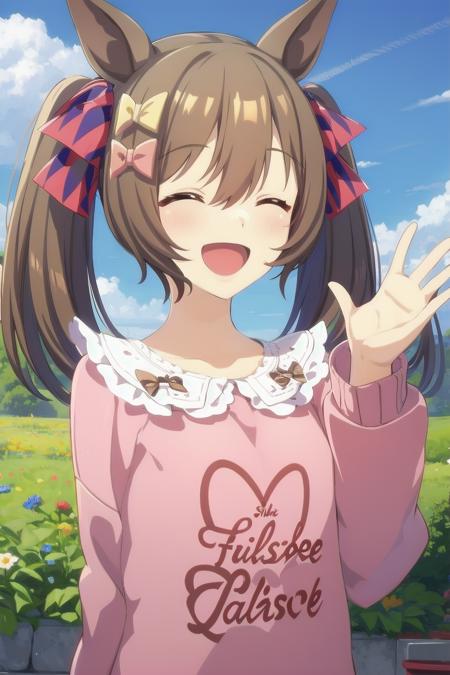 brown hair, horse ears, twintails, (hair bow), hair ribbon, brown eyes,  pink sweater, frilled collar, (clothes writing), long sleeves, pleated skirt, white thighhighs,