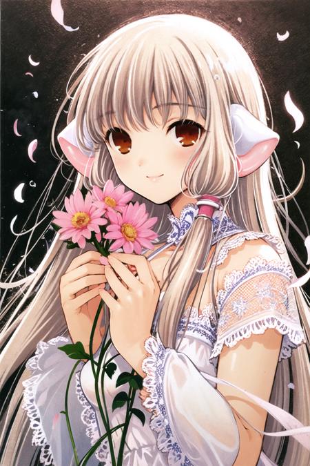 CHII, 1girl, solo, flower, long hair, robot ears, holding, blonde hair, brown eyes, holding flower, light smile, hair tubes, lace, upper body, dress, bangs, looking at viewer, bare shoulders, smile, sleeveless, traditional media, white dress, lace trim, pink flower, own hands together, closed mouth, <lora:Chobits:0.8>