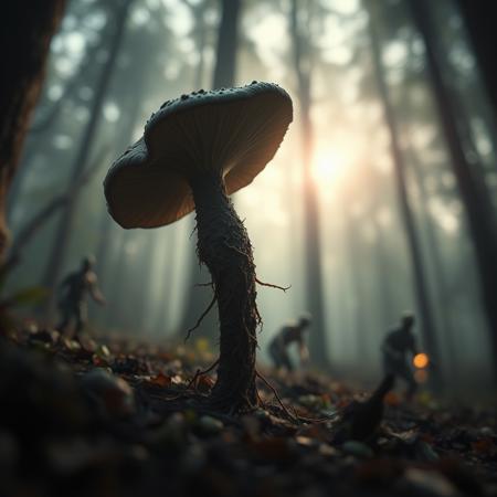 (medium format swirly bokeh pic)(masterpiece sci-fi dark gritty hyperrealisitic concept art 8k)  fungi animal creature zombie horror attacking a forest town, menacingly close up,   atmospheric lighting, dappled light forest