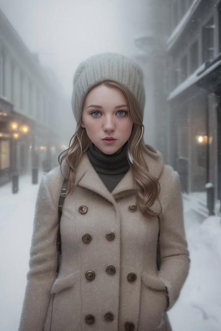 professional portrait photograph of tinaivlev  in winter clothing with short hair, freckles, beautiful symmetrical face, cute natural makeup, wearing elegant winter fashion clothing, ((standing outside in snowy city street)), stunning modern urban upscale environment, ultra realistic, concept art, elegant, highly detailed, intricate, sharp focus, depth of field, f/1. 8, 85mm, medium shot, mid shot, (centered image composition), (professionally color graded), ((bright soft diffused light)), volumetric fog, trending on instagram, trending on tumblr, hdr 4k, 8k