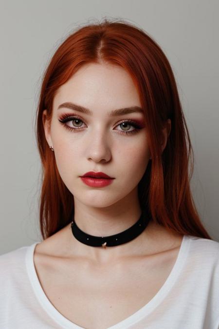 raw photo,  (25yo redhead girl:1.2), makeup, graphic eyeliner, rouge, (choker:0.9), realistic skin texture, oversize shirt, (red:0.8), softcore, warm lighting, cosy atmosphere, instagram style