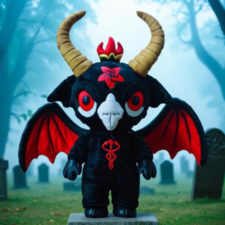anime artwork baphy_plushies, esoteric_baphy, big_horns_baphy, winged_baphy, fangs,  standing in a foggy cemetery, red baphy, in the background a rave party, wearing a plushie gothic outfit,  with one hand up, one hand down, ultra detailed, ultra quality, cinematic, dramatic lighting   <lora:Baphies-Plushies-000013:1> . anime style, key visual, vibrant, studio anime,  highly detailed