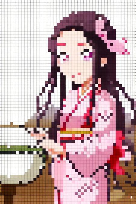 girl,kamado nezuko,1girl,solo,pink eyes,multicolored hair,hair ribbon,pink kimono, <lora:Nezuko-alternative:0.25>,closed mouth, smile, <lora:pixelate-03:1.1>