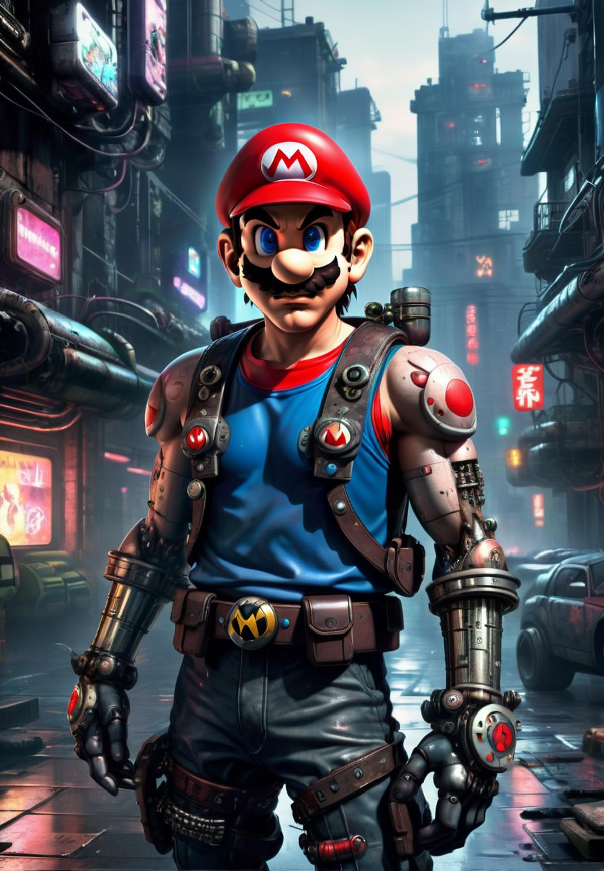 A robotic Mario character with a red hat and blue shirt.