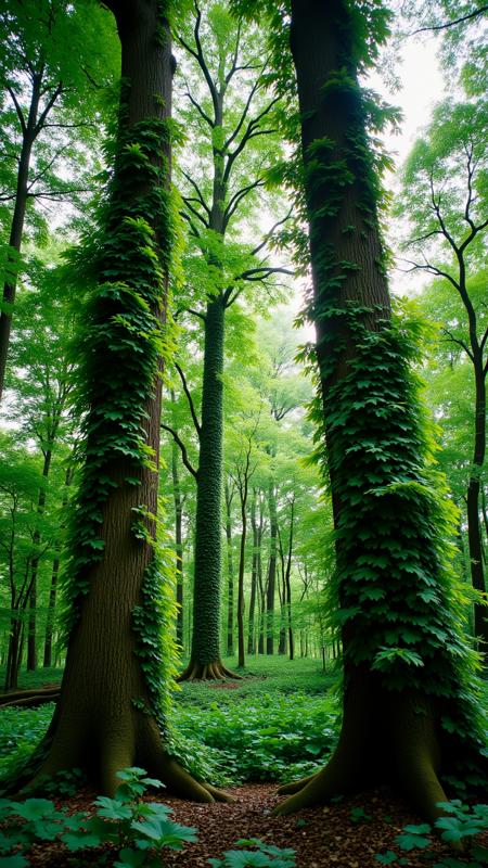 photograph, landscape of a In the heart of a dense forest, two tall trees stand side by side. The first tree is covered in vibrant green leaves, while the second tree is filled with lush vegetation. Fujicolor Fujichrome Velvia 100, Depth of field 100mm, aidmaMJ6.1, aidmafluxpro1.1, aidmaimageupgrader
