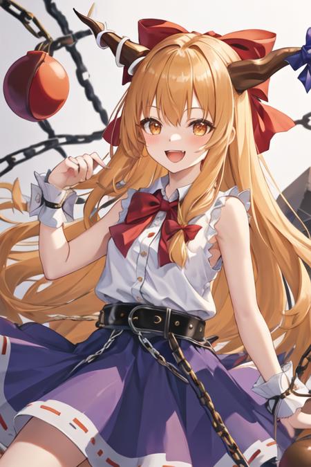 best quality, masterpiece, highres, solo, {ibuki_suika_touhou:1.15}, horns, bow, long_hair, hair_bow, ribbon, horn_ornament, sleeveless, horn_ribbon, smile, orange_hair, red_bow, chain, wrist_cuffs, bangs, open_mouth, very_long_hair, blonde_hair, 1girl, bowtie, looking_at_viewer, red_bowtie, shirt, sidelocks, sleeveless_shirt, white_shirt, :d, belt, oni, oni_horns, shackles, skirt, upper_body, yellow_eyes, bare_shoulders, cuffs